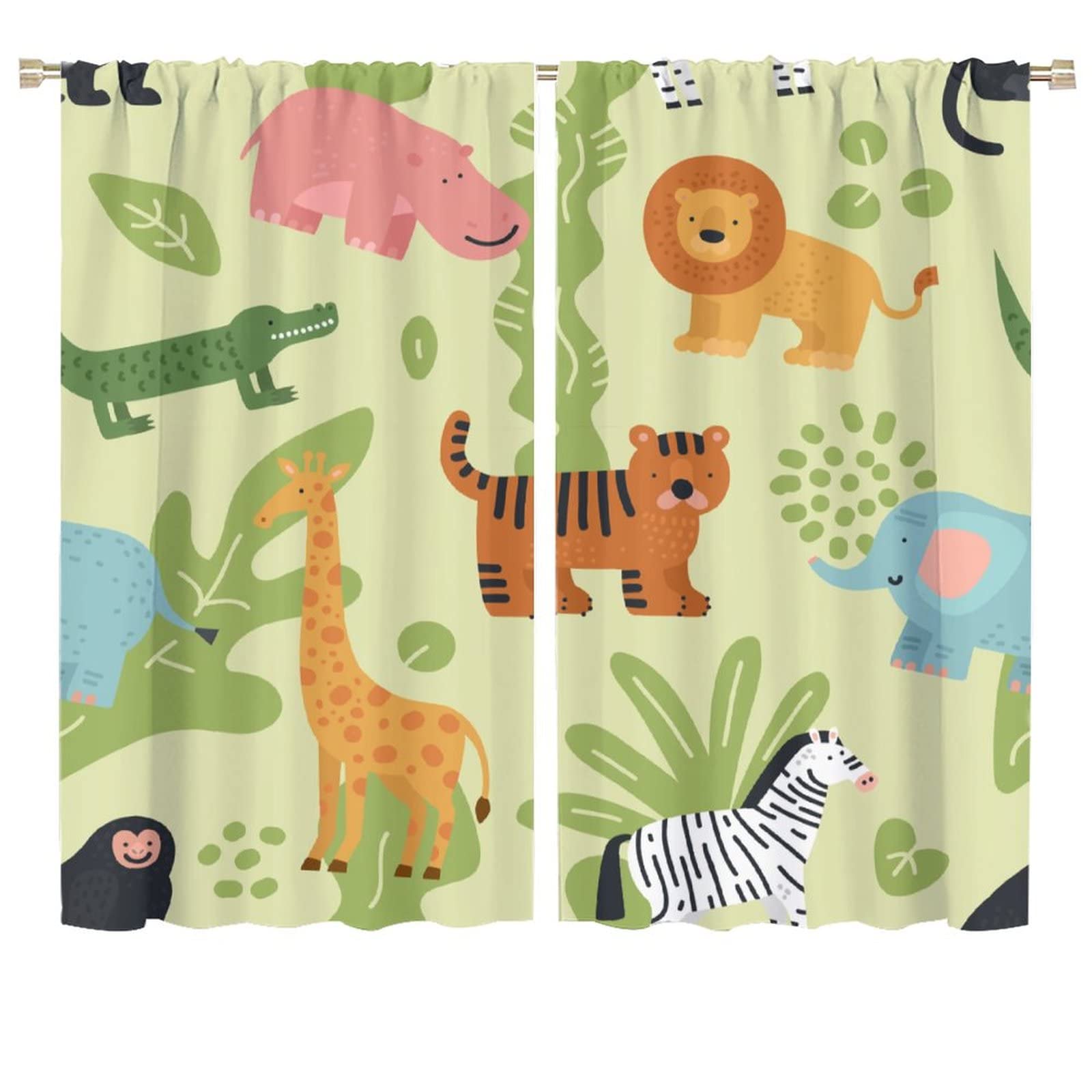 Cartoon Animals Blackout Curtains Colorful Cute Forest Safari Animals Green Kids Bedroom Nursery Living Room Decor Rod Pocket 2 Panels 55x63in