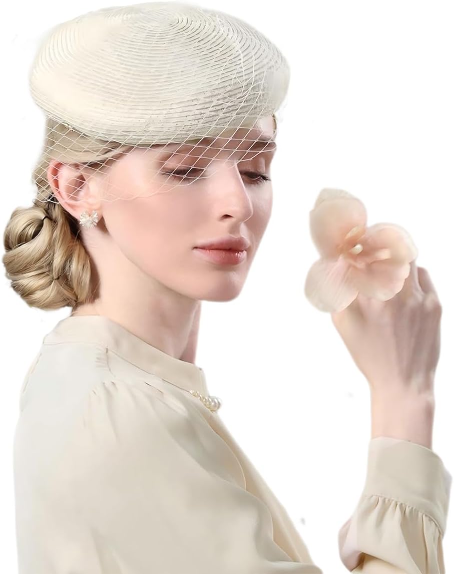 HIMESPORT Women's Elegant Bridal Straw Fascinator Hat with Veil | Wedding Church Hat & Formal Tea Party Headpiece