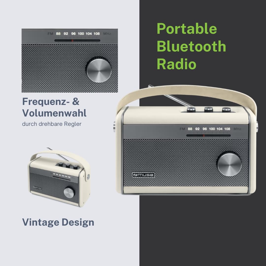 Muse M-098 SC Radio Bluetooth Portable, Radio FM, Puissance de Sortie 10 W, antenne télescopique FM, Affichage de fréquence Lumineux, USB-C, Prise Casque, Radio à Batterie, Bloc d'alimentation Inclus