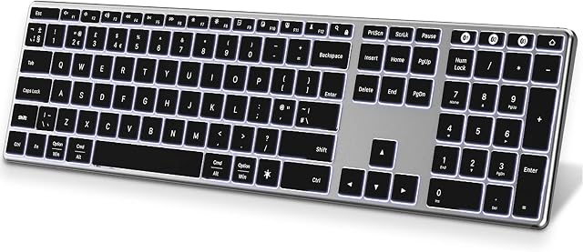 Bluetooth Wireless Backlit Keyboard for 3 Devices, Cordless Rechargeable Silent Keyboard with White LED Backlight UK Layout Compatible with PC, MacBook, Tablet, Smartphone, Space Gray