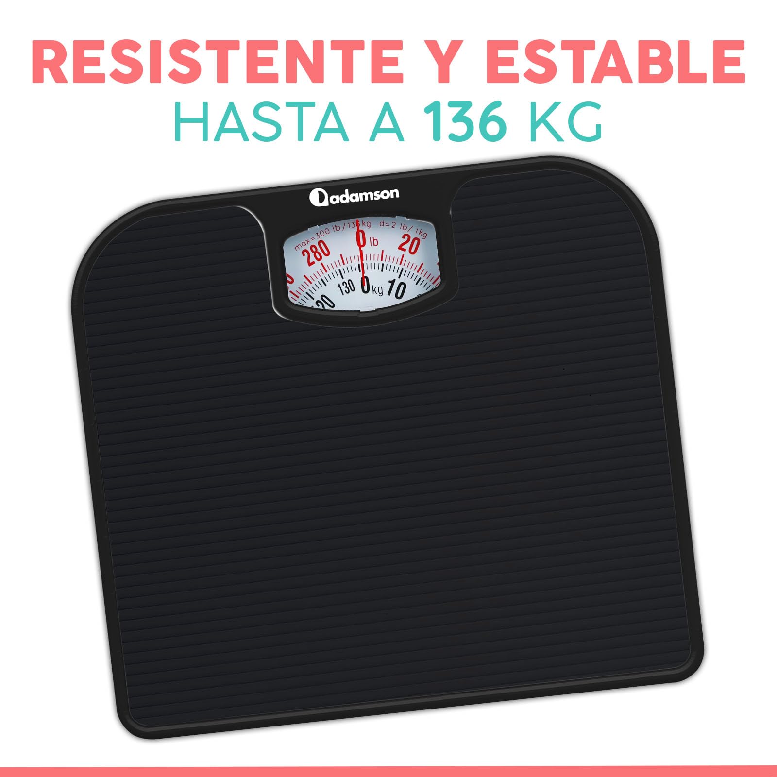 Adamson A21 Bascula de Baño Analogica - Hasta 136 KG - Superficie de Goma Antideslizante - Bascula Analogica - Duradera Con Garantía de 20 Años - Negro Completo