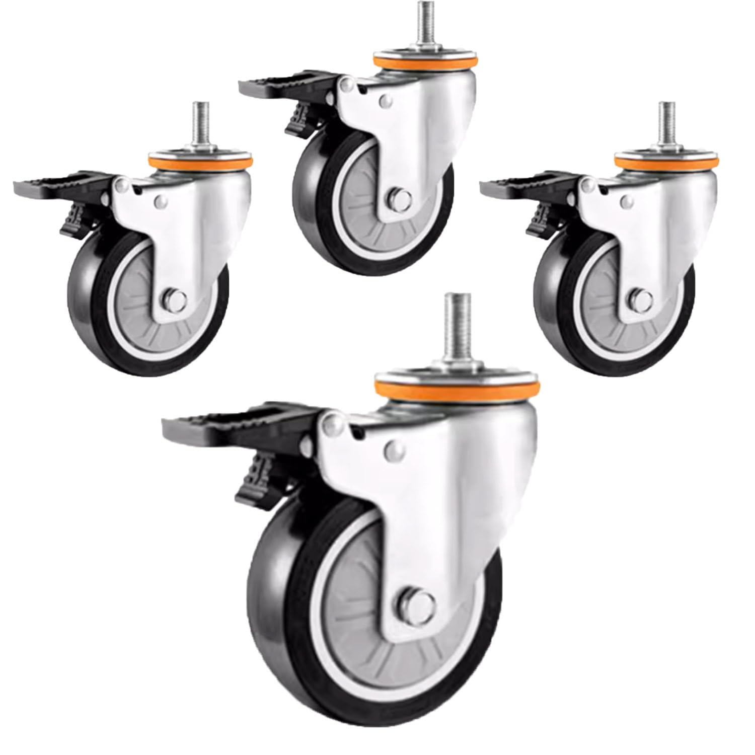 Set di 4 Ruote girevoli con Gambo filettato M16, Ruote di Ricambio per mobili da 3/4/5 Pollici, Ruote girevoli in PU silenziose, Resistenti, con Freno