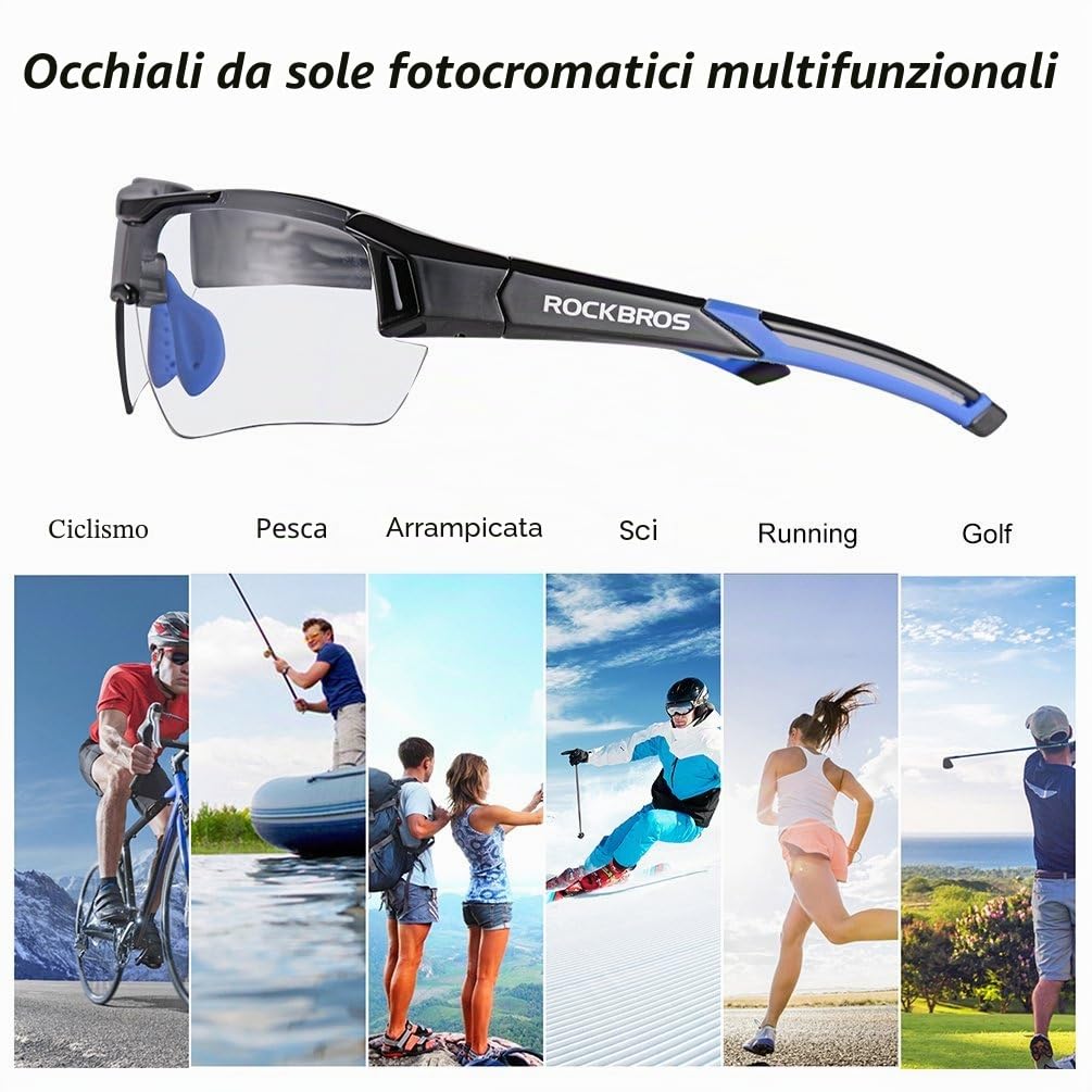 ROCKBROS Occhiali Ciclismo Fotocromatici da Sole Uomo Donna, Occhiali MTB Lenti Fotocromatiche per Bici Bicicletta, Protezione UV 400 per Sport all'Aria Aperta