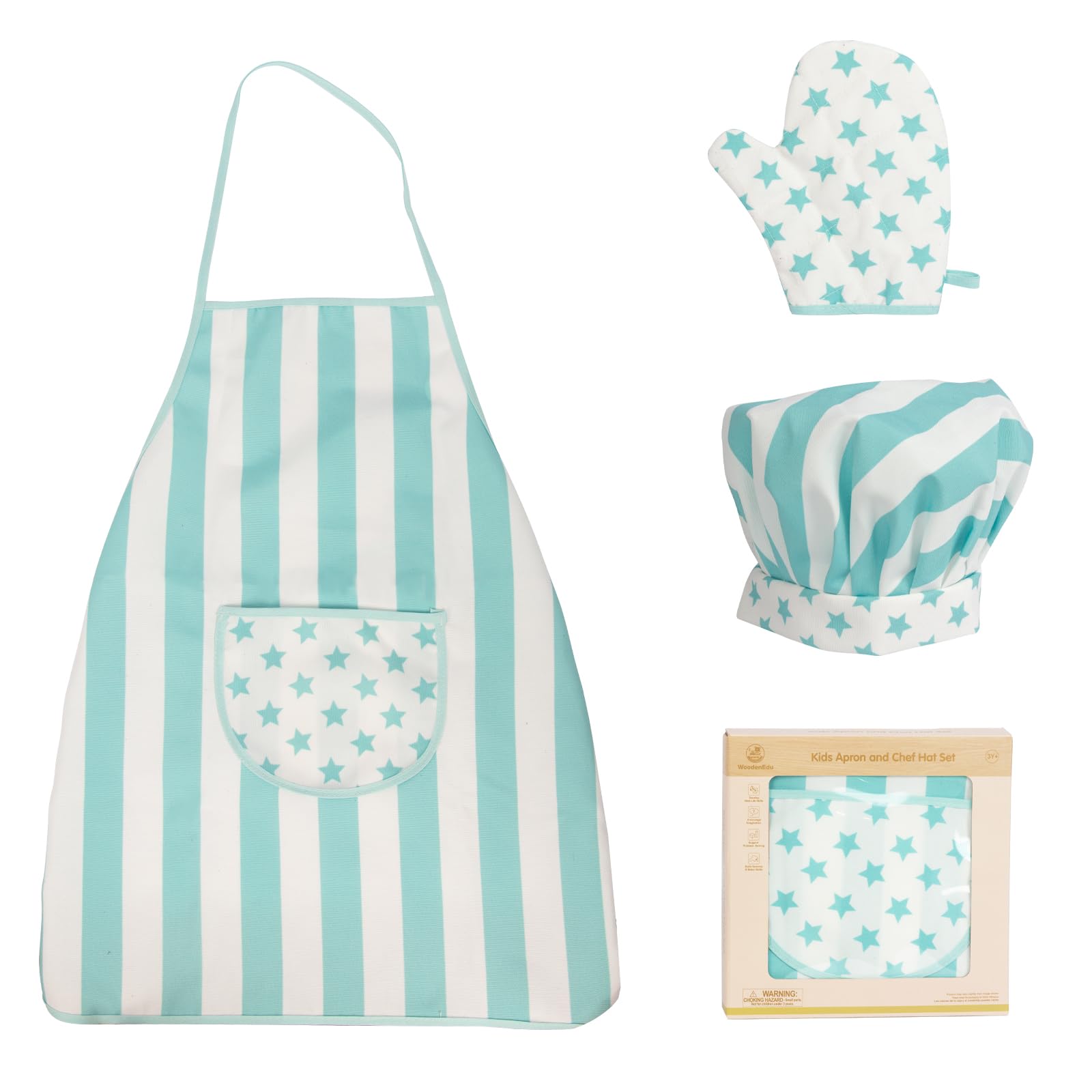 WOODENFUN Children's Apron Set with Chef Hat, Star Pattern Cooking Gloves, Blue