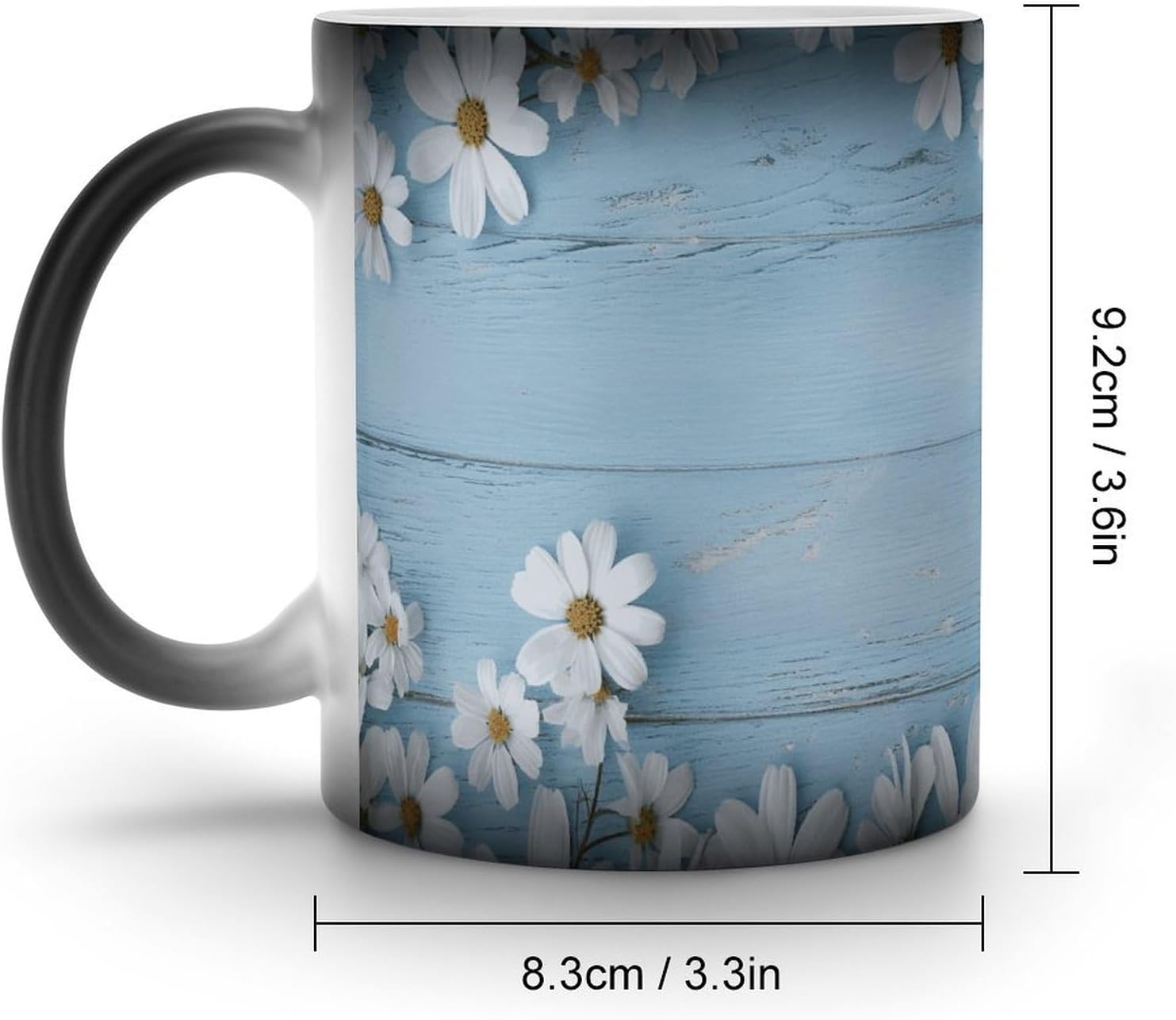 Color Changing Mug White Flowers Light Blue Wood Printed Ceramic Coffee Mug Heat Changing Sensitive Mug Magic Heat Changing Coffee Mug Novelty Coffee Mugs