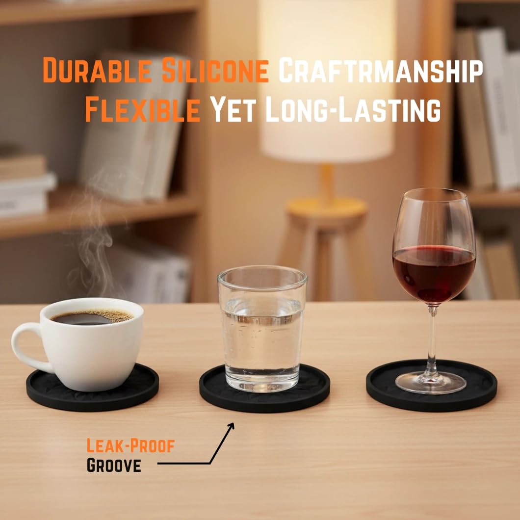 Sottobicchieri in Silicone con Supporto, Set da 6 Pezzi in Nero, Antiscivolo e Resistenti al Calore, Lavabili in Lavastoviglie – Per Bevande, Caffè, Tazze, Cucina, Bar e Soggiorno, Protezione Tavolo