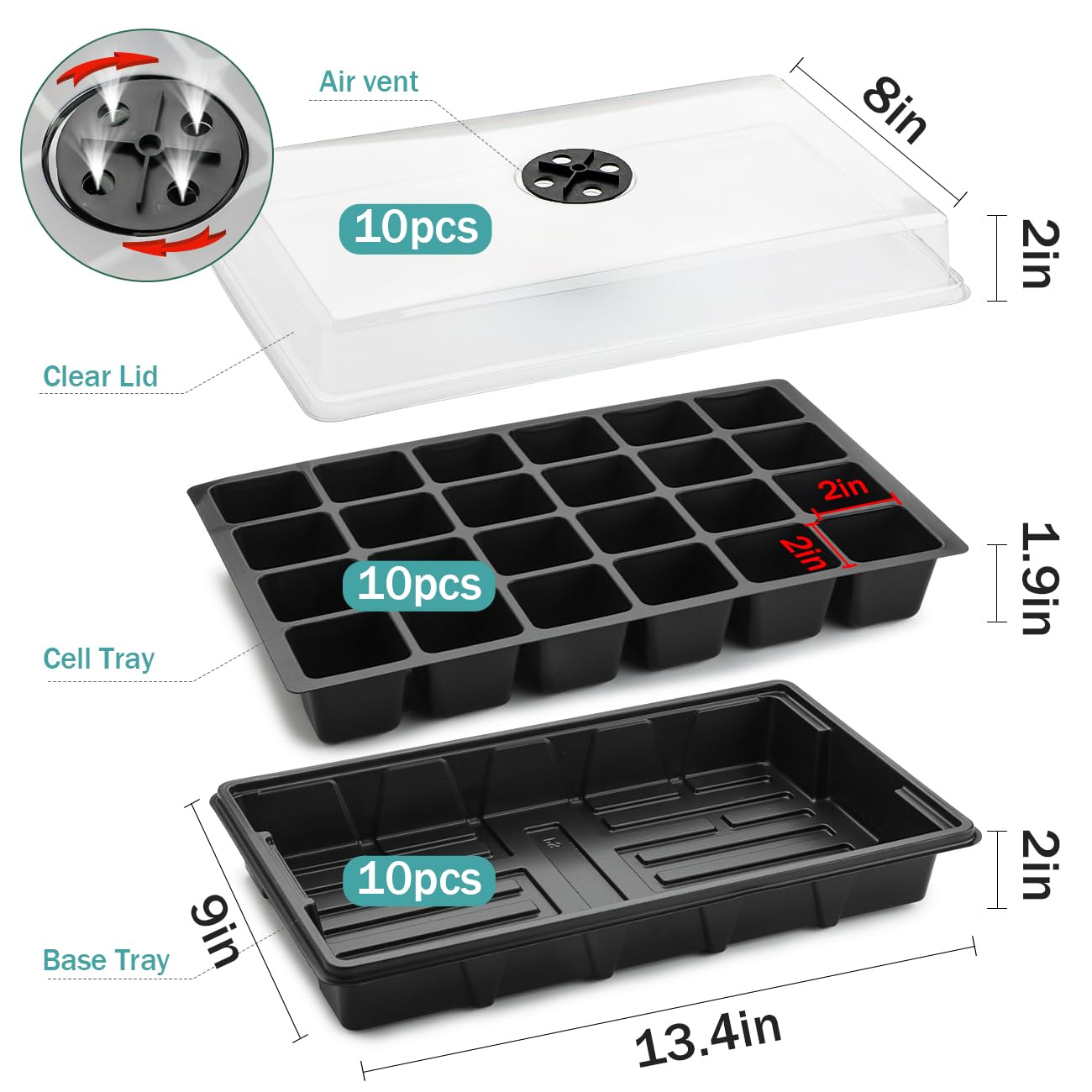 RooTrimmer Confezione da 10 vassoi XL per sementi con cupola, 24 grandi celle da 5,1 cm per piantina (totale 240 celle), vassoio per la coltivazione dei semi con coperchi per umidità per la