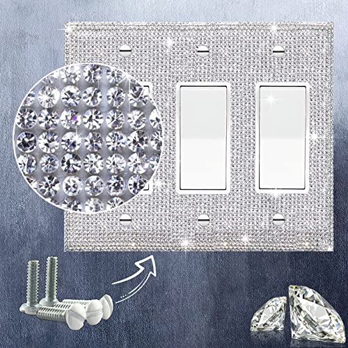 Image of Shiny Silver Rhinestones Wall Plates Light Switch Decorative Cover Plate Single Toggle For Kitchen Bathroom 3 Gang Rhinestones Outlet Covers Wall Plate