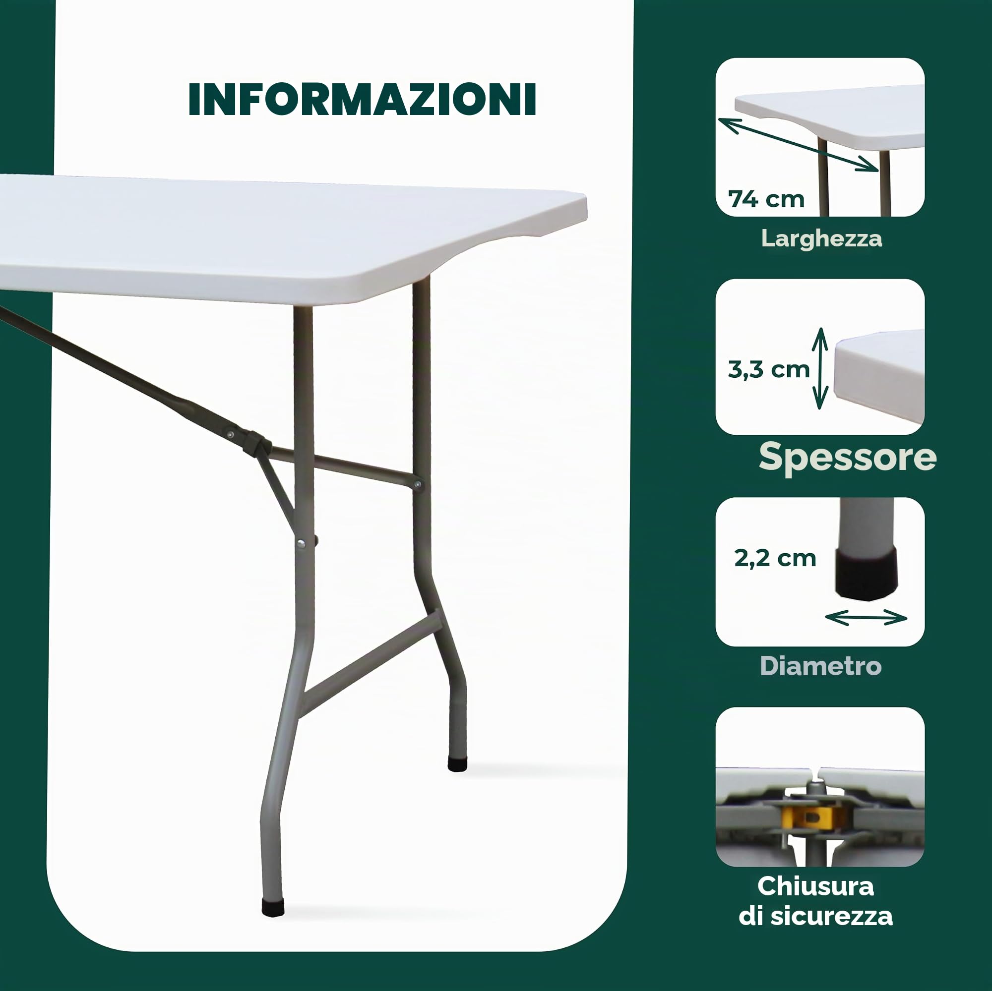 KAMBERG® - Tavolo pieghevole 180 x 74 x 74 cm - rettangolare bianco per 6/8 persone - Tavolo da giardino - Tavolo da campeggio
