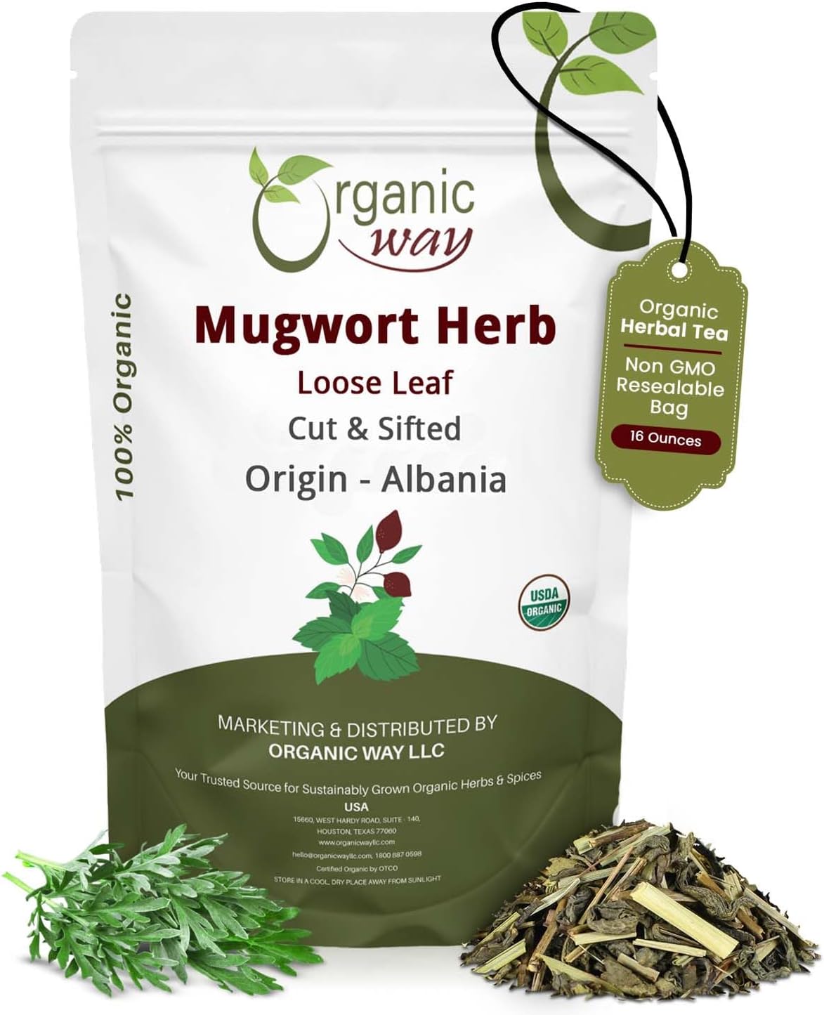 Organic Way Mugwort Herb Loose Leaf Cut & Sifted (Artemisia Vulgaris) Herbal Tea | Kosher & USDA Certified | Vegan, Non-GMO & Gluten Free | Raw from Albania (16 Ounce (pack of 1))
