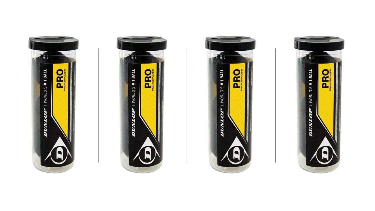 Dunlop Squash Ball Pro Double Yellow Dot 12 Balls in 4 Practical Tins