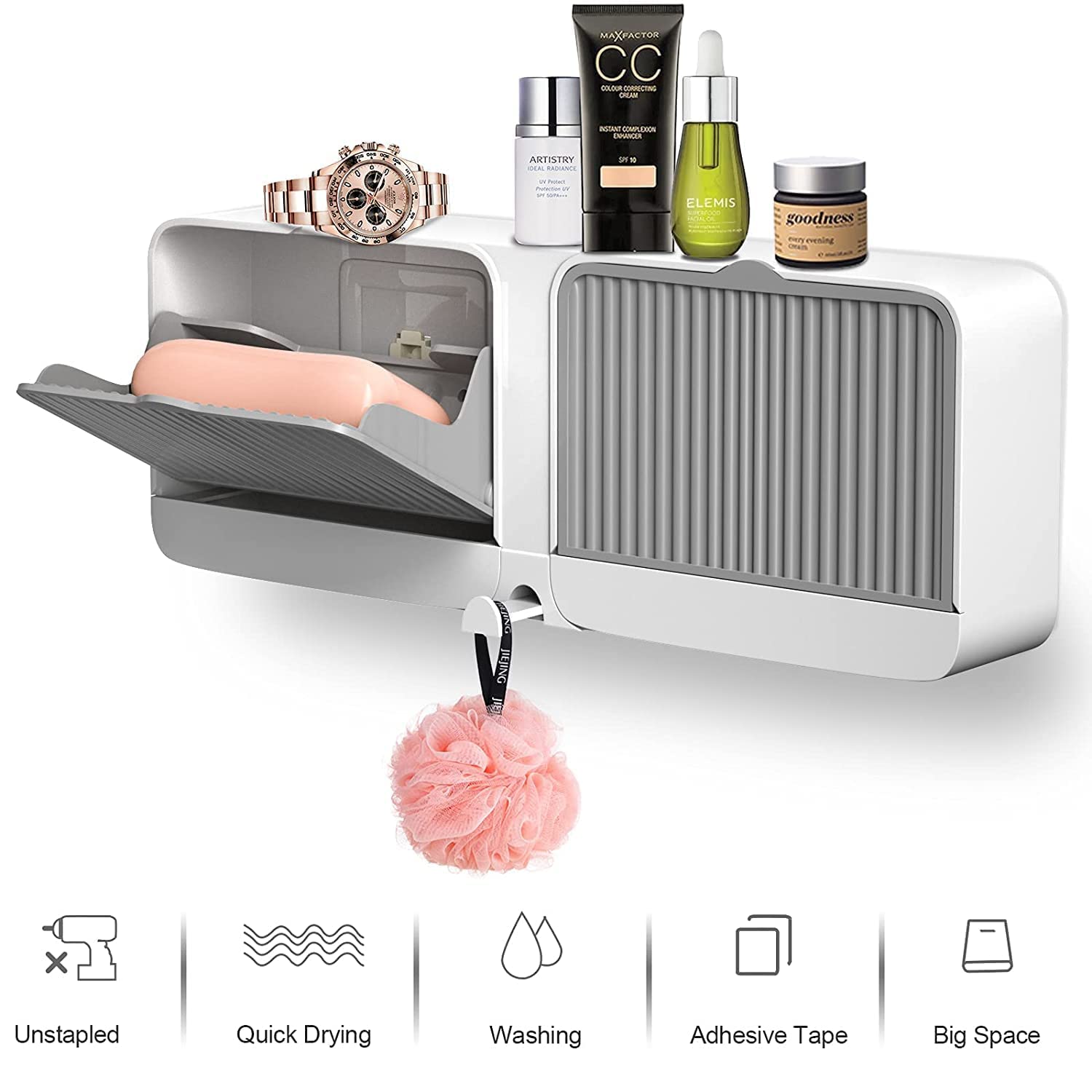 PERPART Soap Box - No-Drilling Wall Mounted Soap Box with Lid Double Grids Soap Draining Rack Bathroom Soap Holder Double Grid-Asphalt Toilet Laundry Soap Box with Double Soap Holder & Drain Tray 2