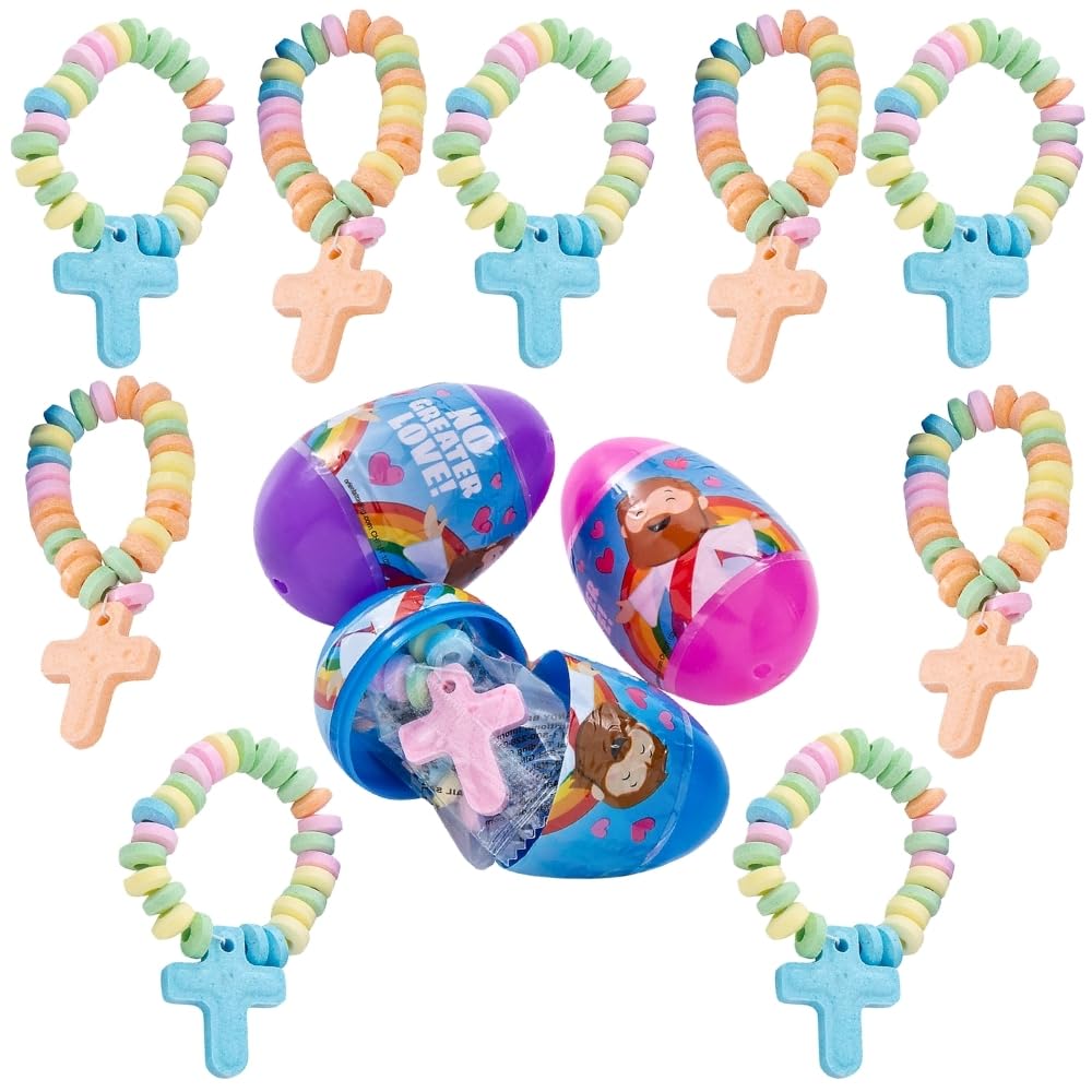 Fun Express Prefilled Easter Eggs Religious - 24 Christian Cross Candy Bracelets for Church Easter Egg Hunt Supplies | Jesus Themed Party Favors for