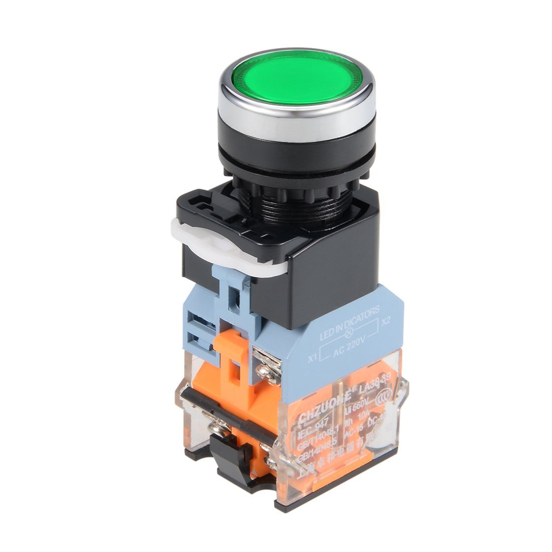 Sourcingmap 22mm Latching Push Button Switch Green LED Light Round Flat Button DPST 1NO 1NC Light 220V