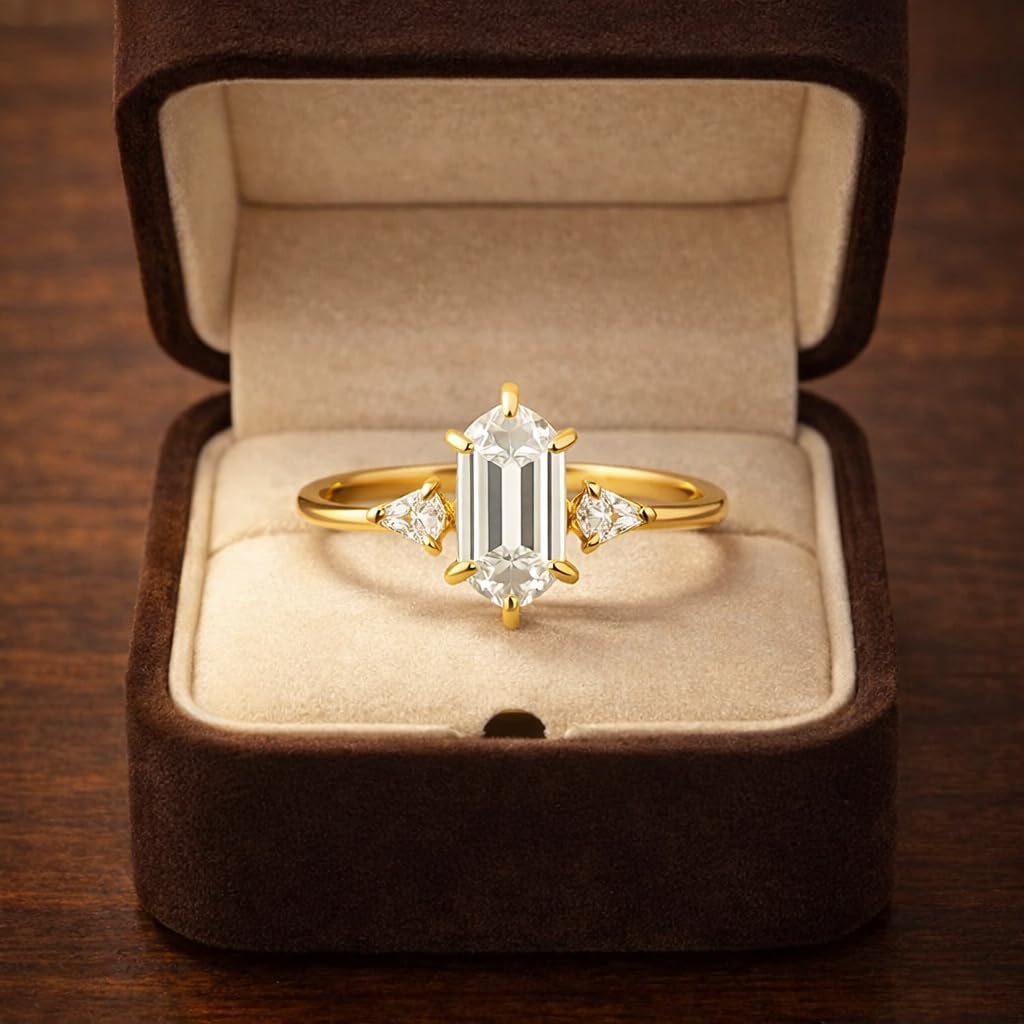 14K Yellow Gold Hexagon Cut Moissanite Three Stone Engagement Ring Elongated Minimalist Bridal Promise Ring with Side Accents Jewelry Gift for Women