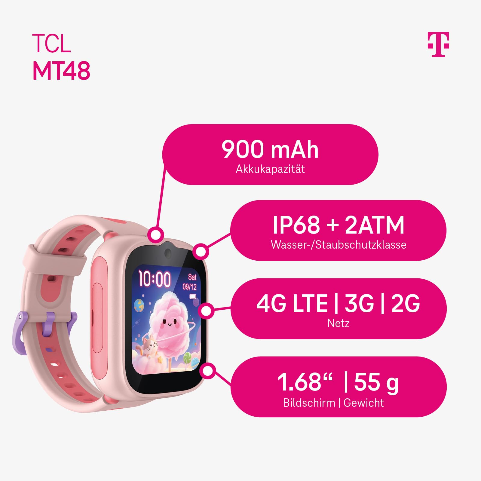 TCL MT48X 4G Montre connectée pour Enfant, Rose Cosmique, GPS, appels LTE, Bouton d'urgence, étanche 5 ATM, avec Carte SIM Telekom et Bon d'achat Amazon de 30 €