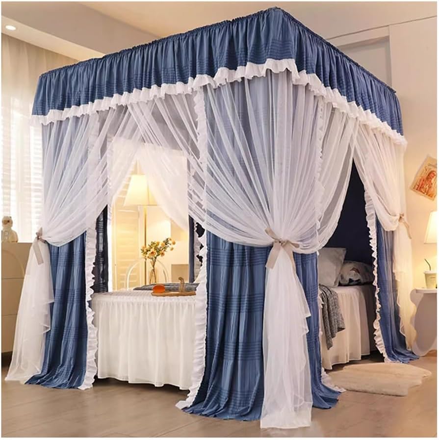 Fabric Bed Drapes Mesh Protection Canopy Shielding Netting,Blue Bed Canopy Mosquito net with Ruffle Edge, 4-Corner Pillar Bedroom Decoration Bed Curtain with Stainless Steel Bracket (Size :