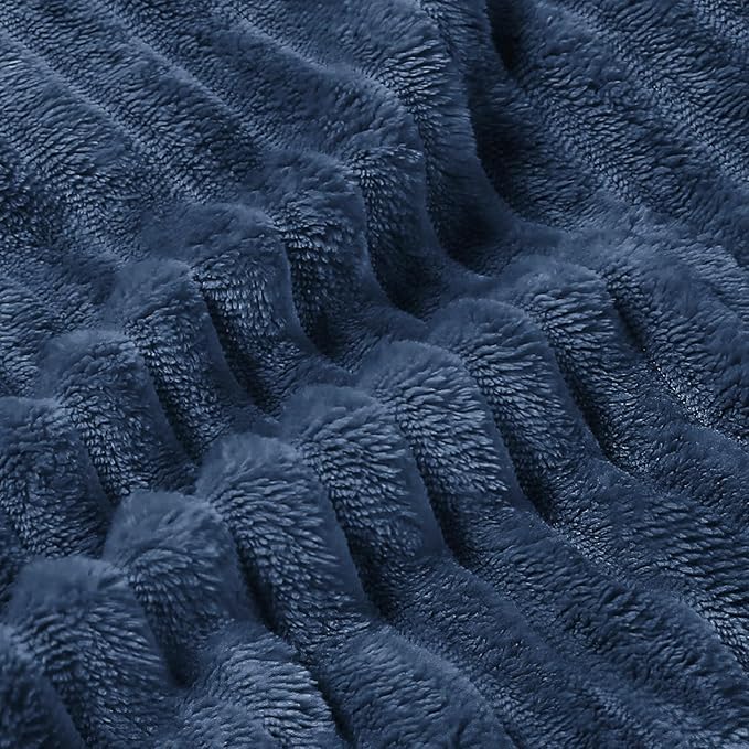 Image of WONJU Premium Ultra Soft Coral Fleece Blanket for Bed & Sofa | Warm Plush Ribbed Throw | Lightweight Cozy Winter Blanket | Machine Washable | Multiple Colors (Blue)