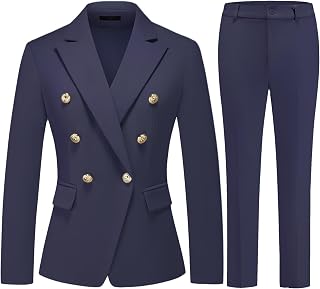 Women's Double Breasted Blazer and Pants Set Gold Button Suit for Office Work
