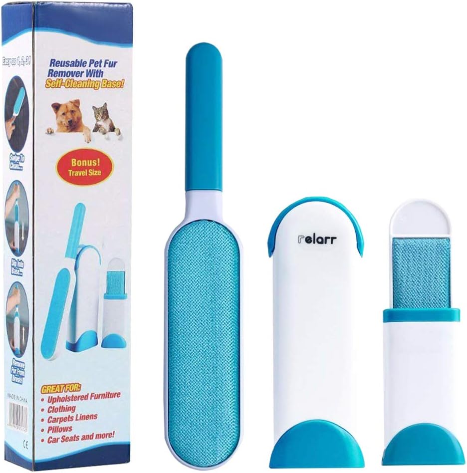 – Pet Hair Remover Brush,Tur Remover for Pet Hair and Clothes Double-Sided with Self-Cleaning Base and Travel Size Brush (Blue, streamline)