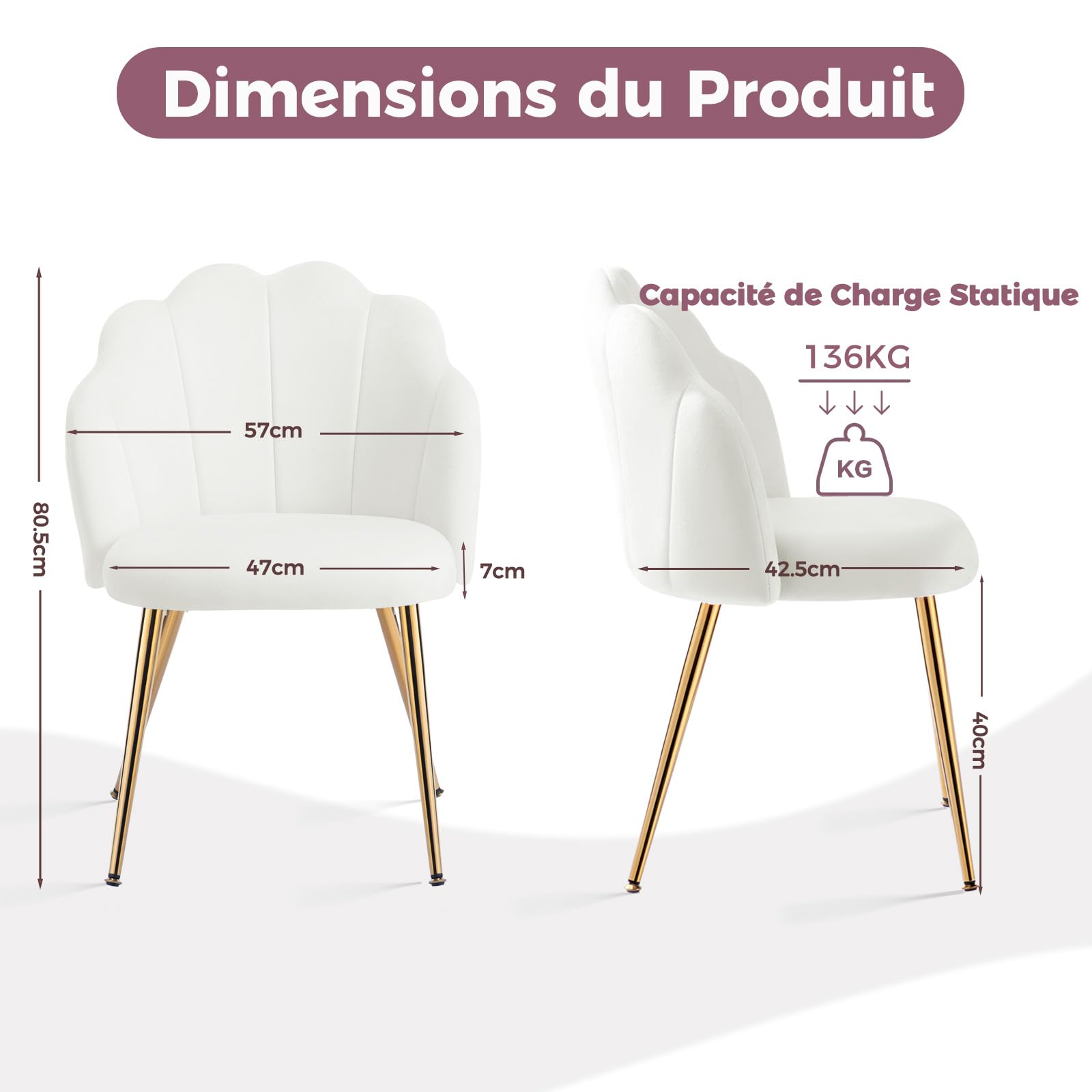 Chaise Coiffeuse Velours Blanche - Fauteuil Coquille Pieds Dorés Design pour Chambre Salon Fille, Facile à Monter