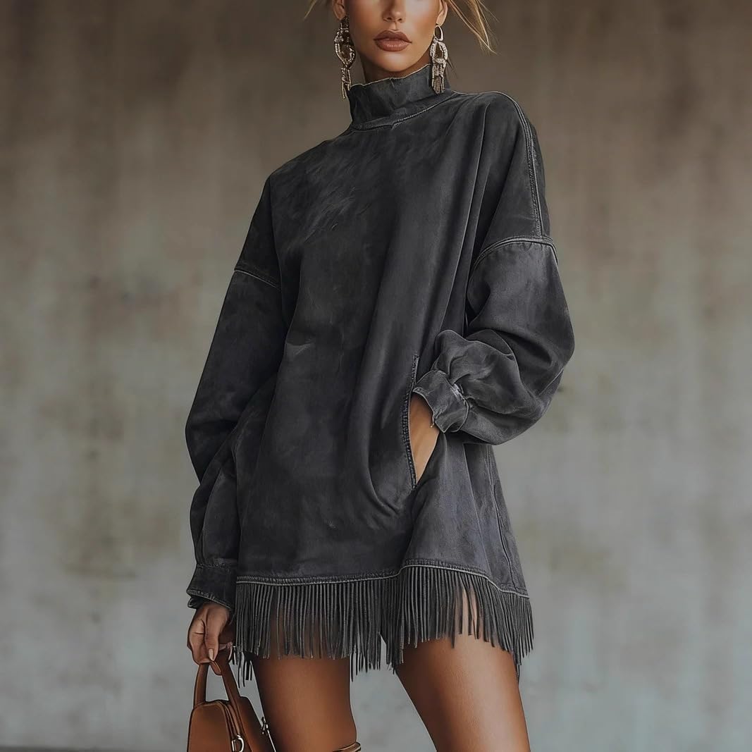 Women's Velvet Fringe Mini Dress, High-Neck Retro Western Style, Faux Suede Fringe Short-Sleeved Holiday Party Dress - Image 5