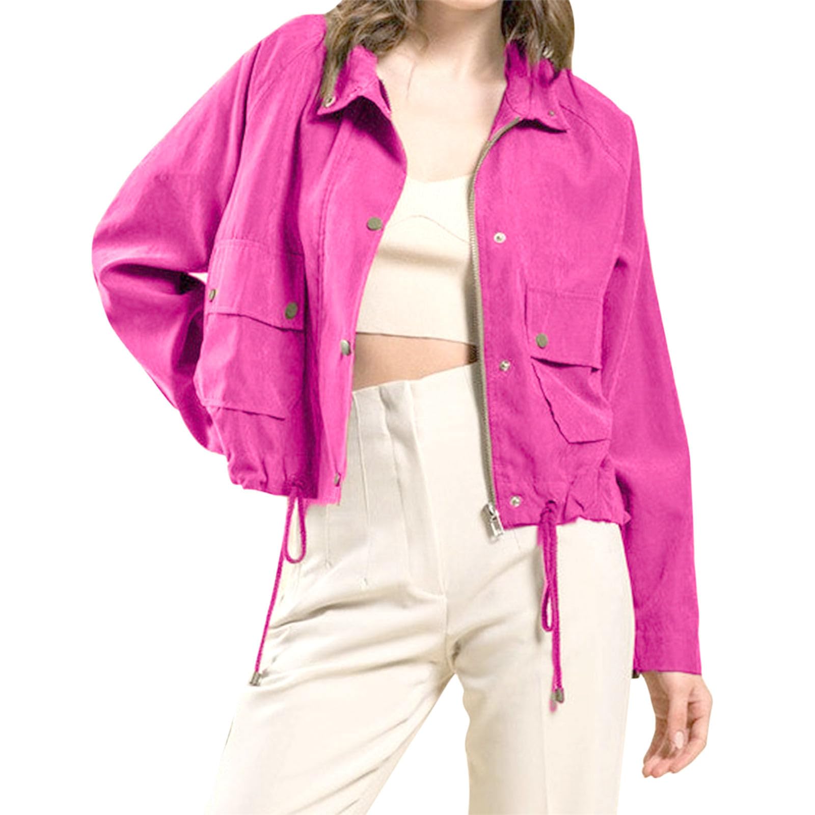 GenericStreet Simple Jacket Casual Solid Color Jacket with Two Big Pockets Zip Up Casual Drawstring Duster Sweaters for Women