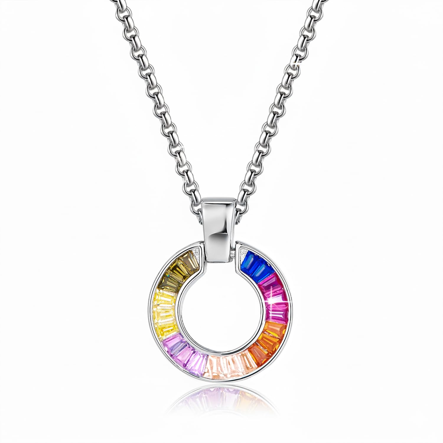 Schöner-SD Kette mit rundem Anhänger 925 Silber Zirkonia mehrfarbig | bunter Kreis-Anhänger, Silberkette rhodiniert - anlaufgeschützt, verstellbar 40 cm + 45 cm