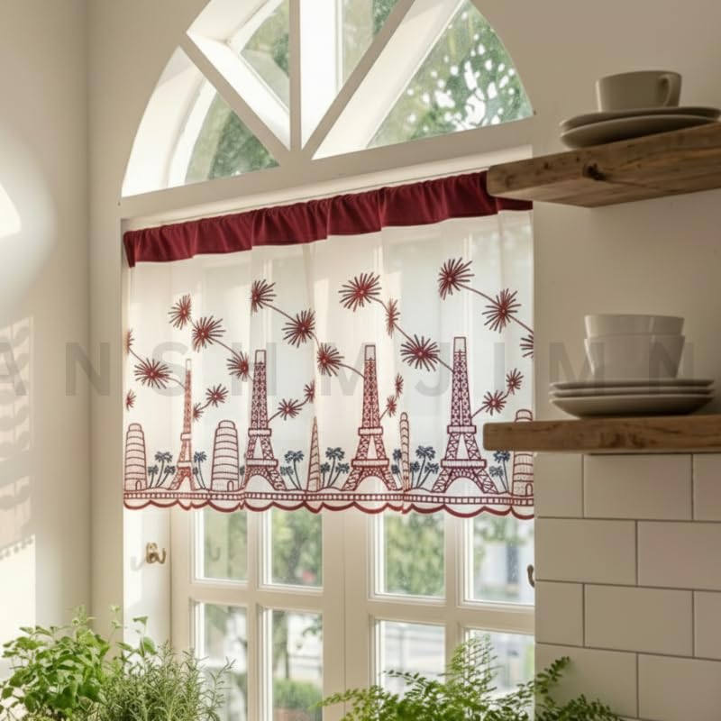 Image of Short Window Curtain for Kitchen, Living Room, Cafe, Restaurant & Home Decor | Elegant Half Window Valance | Length - 24 Inch, Width - 42 Inch (Eiffel Tower, Small)