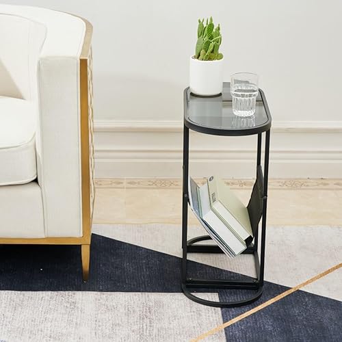 Miniatura 7 de Juego de 2 mesas auxiliares ovaladas modernas, mesa auxiliar pequeña con tapa de cristal con soporte de cuero sintético y marco de metal, mesa