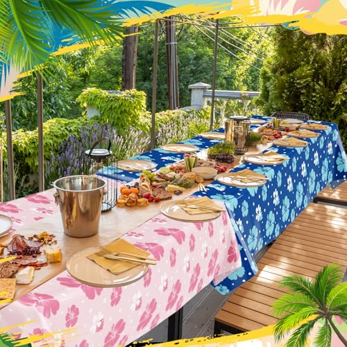 Image of Oudain 2 Sheets Hawaii Hibiscus Tablecloth Tropical Luau Table Cloth Birthday Party Decorations Blue Cartoon Table Covers for Birthday Party Supplies