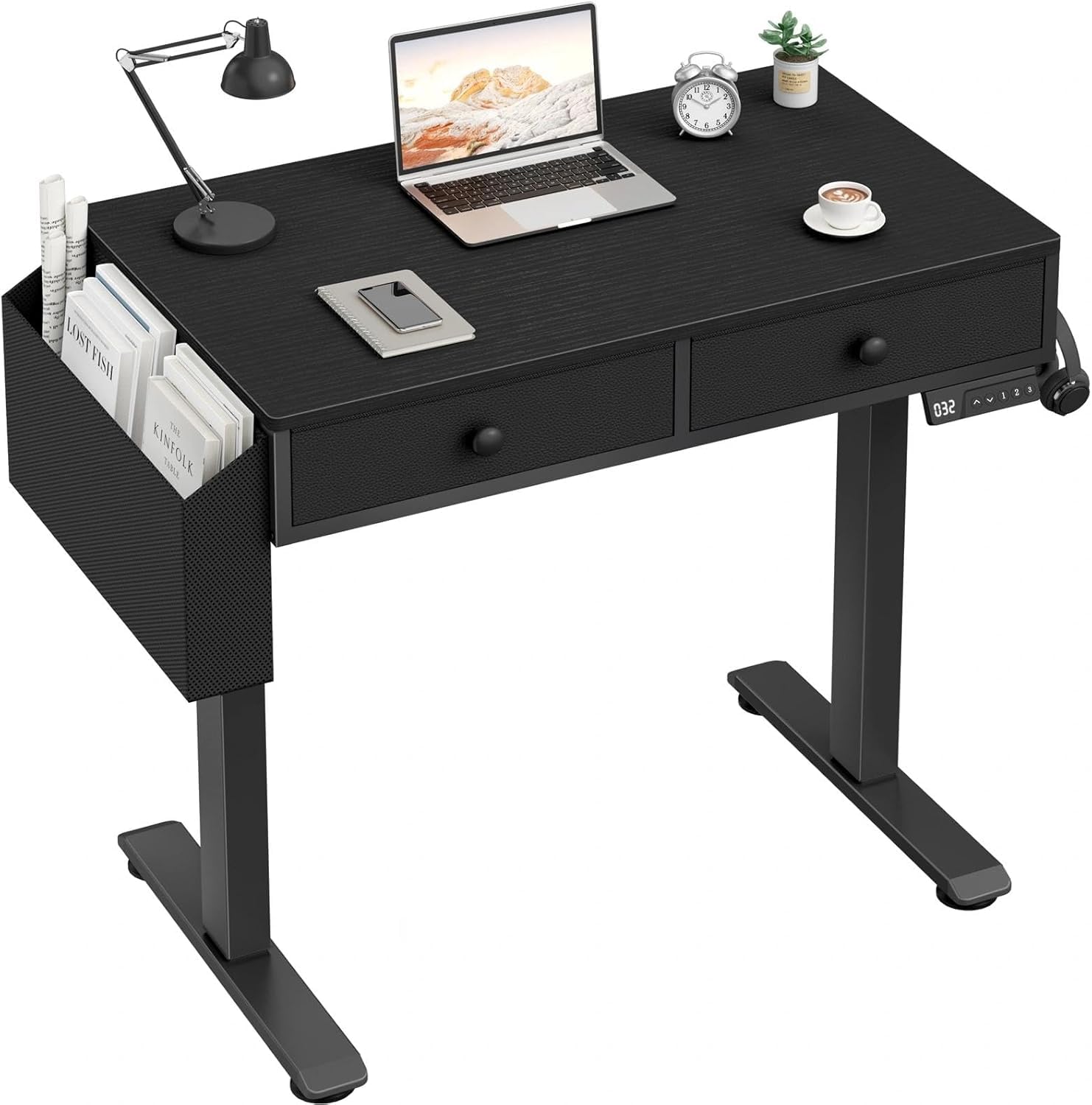 Lufeiya Höhenverstellbarer Schreibtisch Mit 2 Schublade Kleiner Schreibtisch Schwarz Computertisch mit Stauraum Ergonomischer Arbeitstisch für Büro HomeOffice Gaming 80X50CM