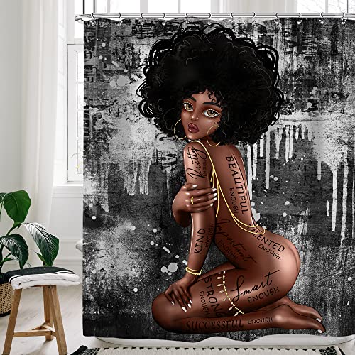 Cinbloo Black Girl Shower Curtain Afro African American Woman Queen Bathroom Curtain Set Inspirational Quotes Gray Graffiti Bath Curtain Cloth Fabric Bathroom Accessories Decor With 12 Hooks 60Wx72H #TOP28