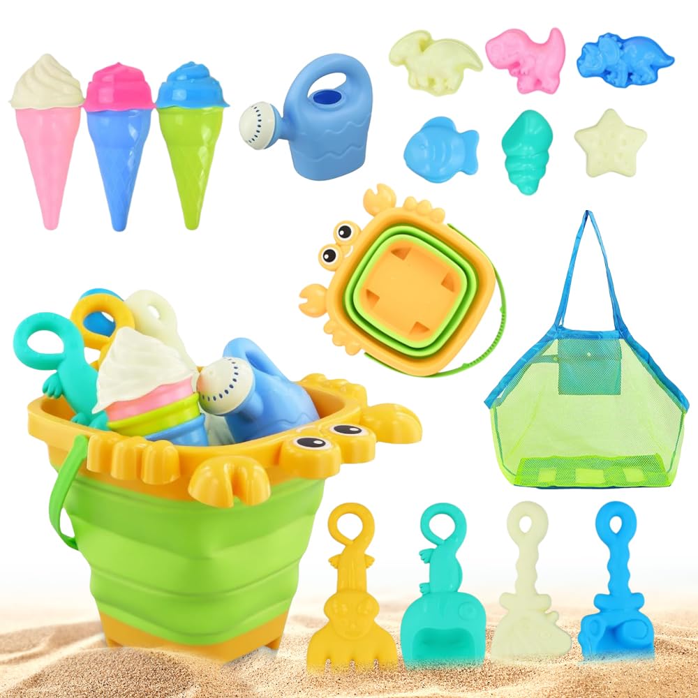 Juguetes De Playa De Silicona Para Niños | Set De 12 Piezas Con Cubo, Moldes Y Bolsa De Malla