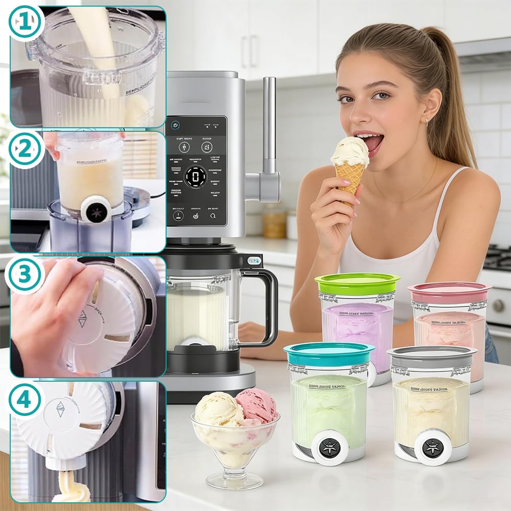 NAVESO 4 Pièces Pot pour Ninja Creamy Deluxe 500ml, Récipient pour Ninja Creami avec Couvercle et Cuillère, Accessoires pour Machine à Glace Ninja pour Série NC700, Sans BPA et Lave-Vaisselle