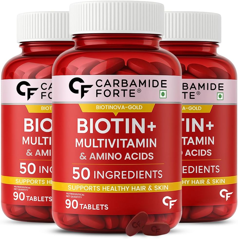 Carbamide Forte Biotin Supplement with 50 Multivitamin Ingredients for Women & Men - 90 Veg Tablets (Pack of 3)