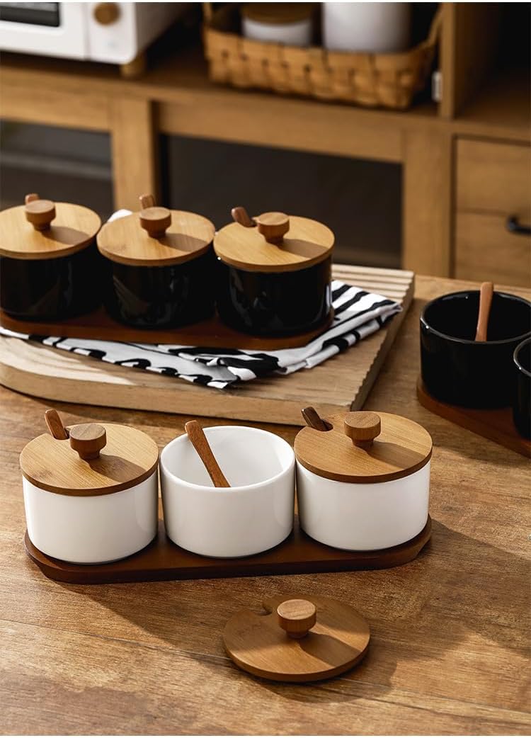 Ceramic Salt and Sugar Container Set, Condiment Jars with Spoons and Lids