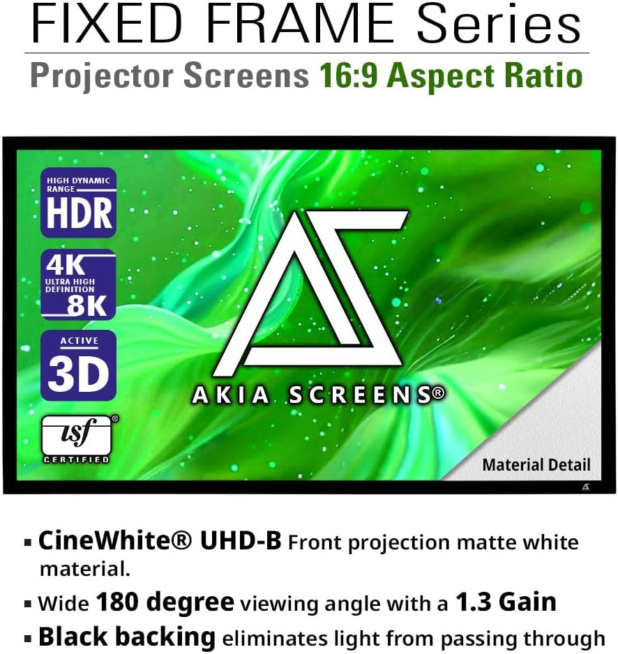 Akia Screens 150 Inch Projector Screen Fixed Frame 16:9 CineWhite UHD-B, Supports 8K 4K Ultra HD & 3D, Wall Mount Indoor Projection Screen for Home Theater, Cinema, Office Use, AK-FF150WH2.