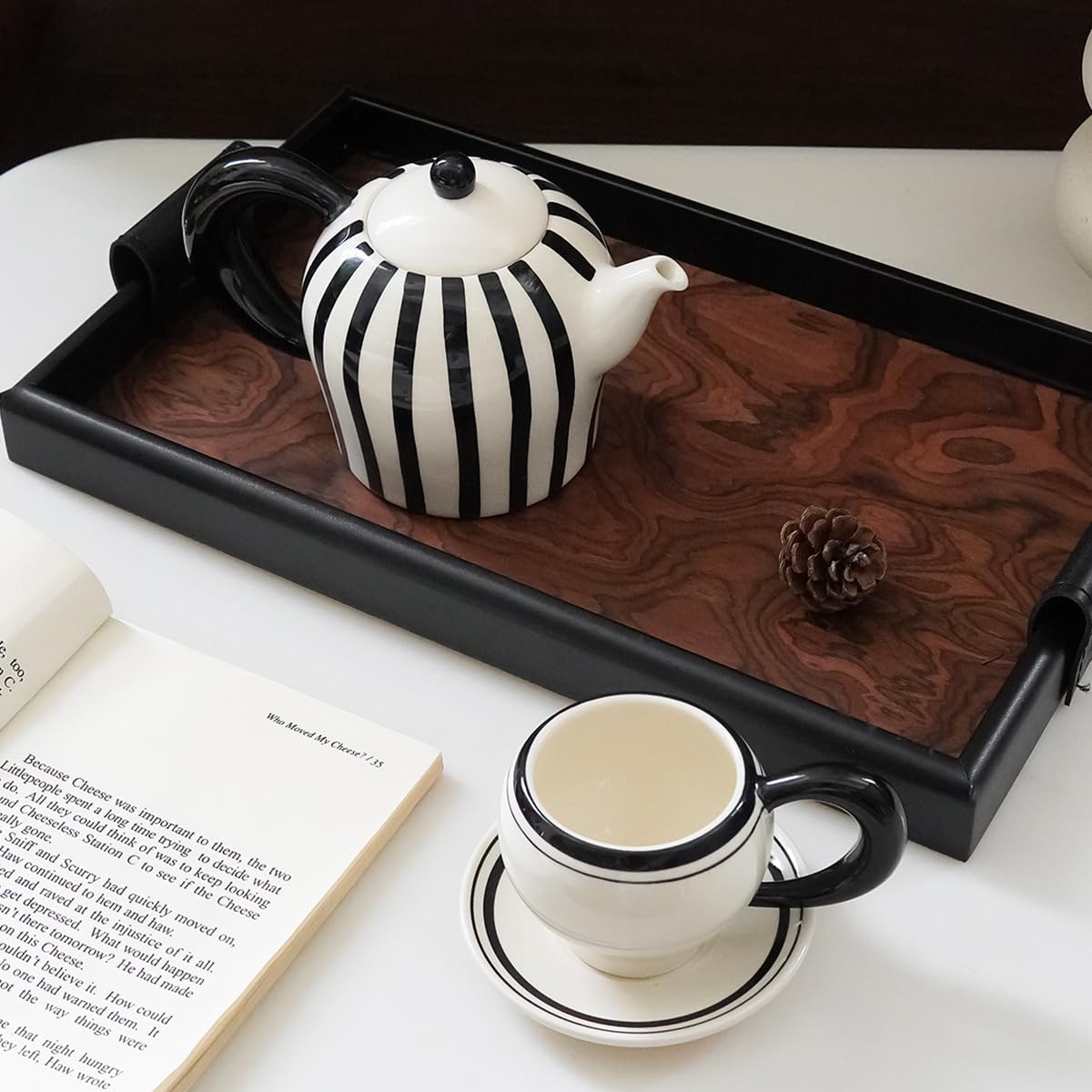 Handcrafted Black and White Striped Vintage Ceramic Teapots Coffee Makers and Mugs 5-piece Afternoon Tea Set