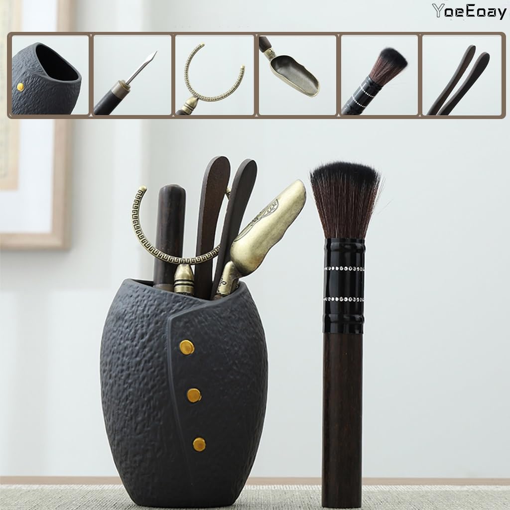 Porzellan Chinesisches Gongfu Tee-Set, Tragbares Tee-Set Für Erwachsene, Asiatisches Teeset Mit Sieb, 13-teilig Mit Grauer Ledertasche, Für Reisen, Outdoor, Geschäft - Schwarze Keramik
