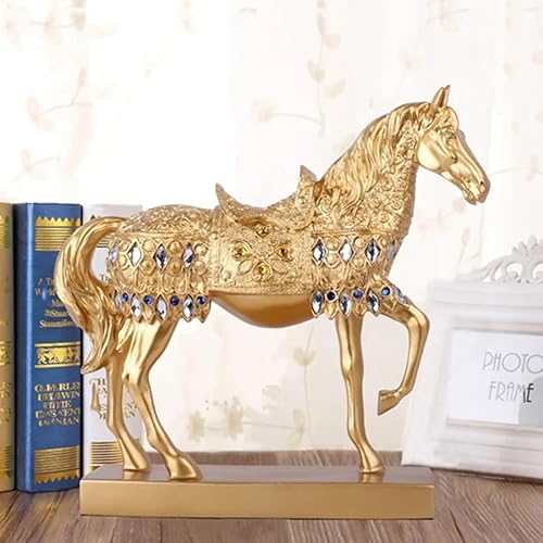 Miniatura 3 de Estatua de caballo de guerra dorada con diamantes artificiales, artesanía de resina de moda para sala de estar, dormitorio, decoración, escultura de