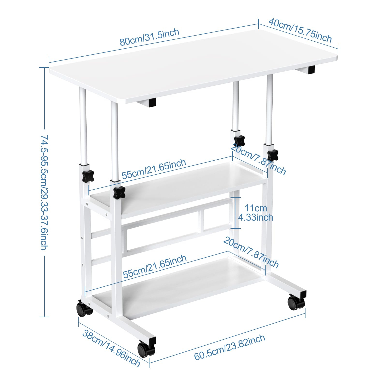 Escritorio de altura regulable 80 x 40 x 74,5 – 95,5 cm, mesa auxiliar móvil, mesa auxiliar móvil, mesa de escritorio con estantes para habitaciones, oficina en casa, mesa blanca