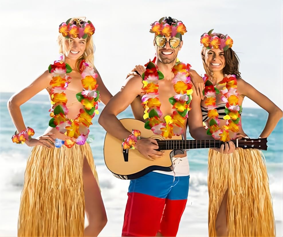5Pcs Hawaiian Leis Hula Grass Skirt Set, Hawaiian Flower Leis Necklace Headband Bracelets Luau Skirts - Image 4