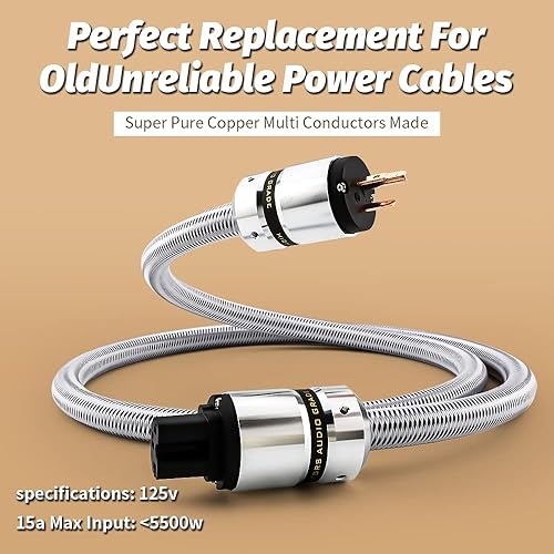 Miniatura 3 de Tertullus HiFi Audiophile - Cable de alimentación de CA de 3 clavijas, 14 AWG, 125 V, 15 A, color plateado (6.6 ft  6.56 pies)