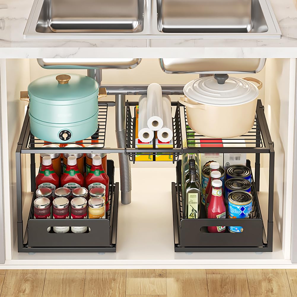YunNasi Organizador Bajo Fregadero, Armario 2 Niveles Metal Altura Ajustable Estantería Bajo Fregadero, Bandeja Extraible Mueble Almacenaje para Cocina Baño (Negro, A-Estilo)