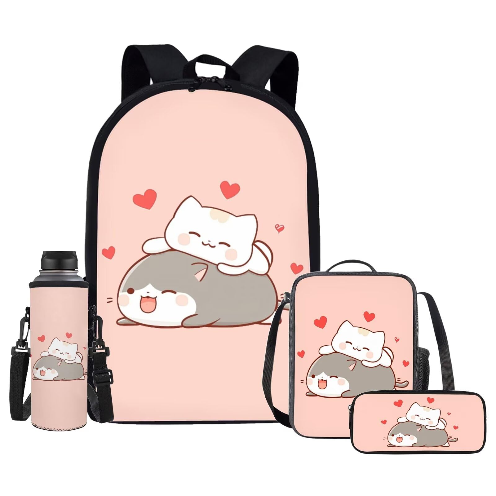 Upetstory Kawaii Cat Backpack for Girls 4-6 8-10 10-12 Teen Kids School Bag Set with Lunch Box Pencil Case Elementary Kindergarten Preschool Bookbag Water Bottle Sleeve Rucksack Daypack