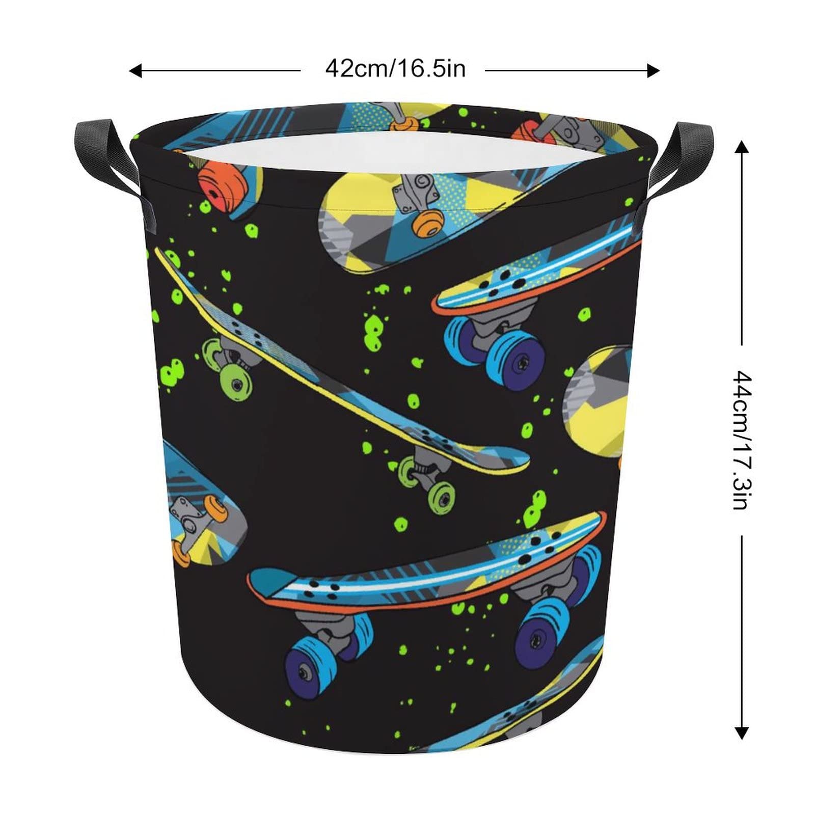 Colorful Yellow Blue Skateboards Green Spots Paint on Black Collapsible Waterproof Laundry Hamper, Lightweight Washing Basket Bin Storage Organizer Bucket with Handles for Toys Clothes