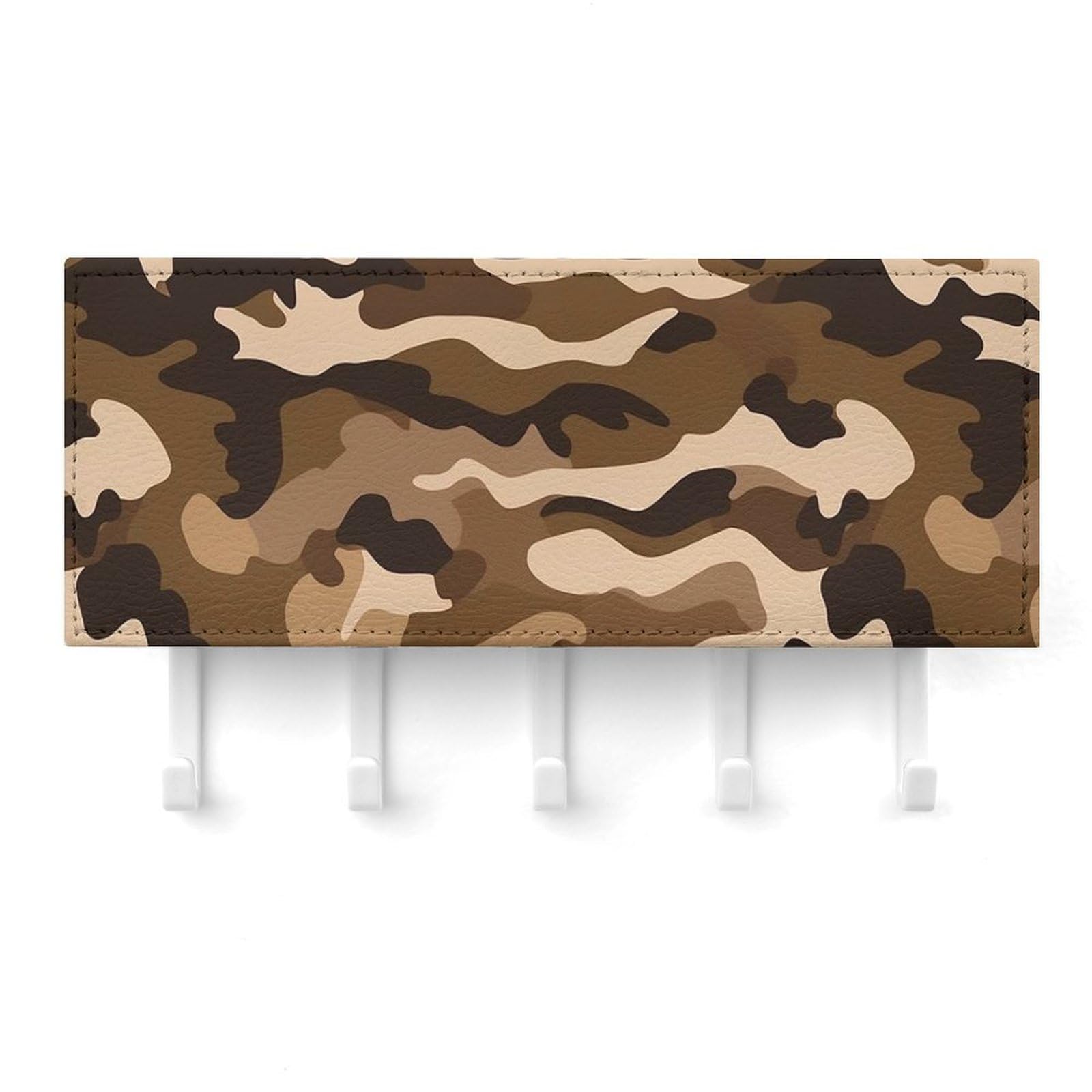 Fekiloot White Brown Camouflage Key Holder For Wall Adhesive, No Drilling, Key Hooks With 5 Hooks Wall Mounted, Self Adhesive Keys Rack For Entryway, Hallway, Living Room, Kitchen, Office