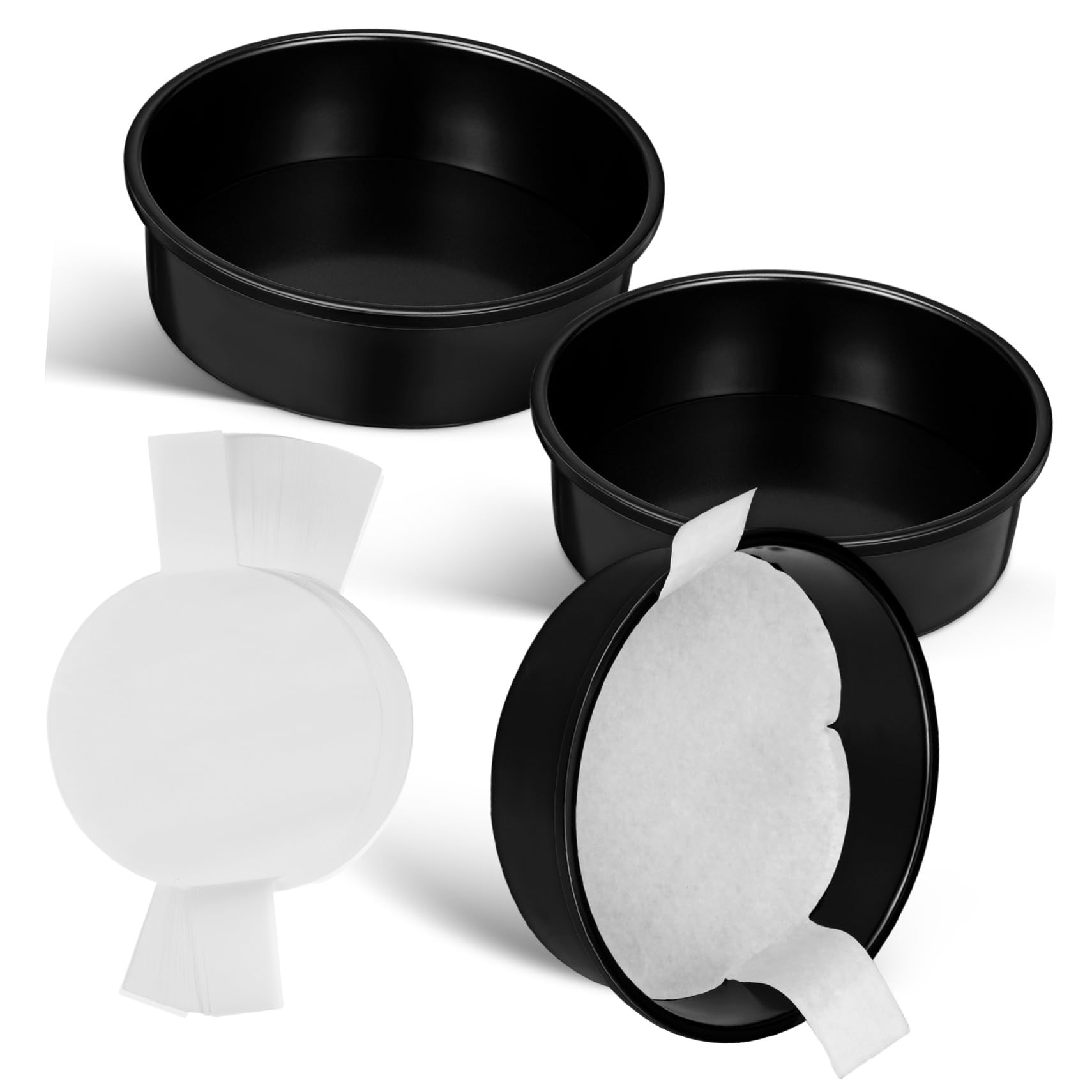 Moules à Gâteau Ronds Noirs Antiadhésifs avec 100 Feuilles de Papier Sulfurisé Lot de 3 en Acier au Carbone pour Desserts et Mariages