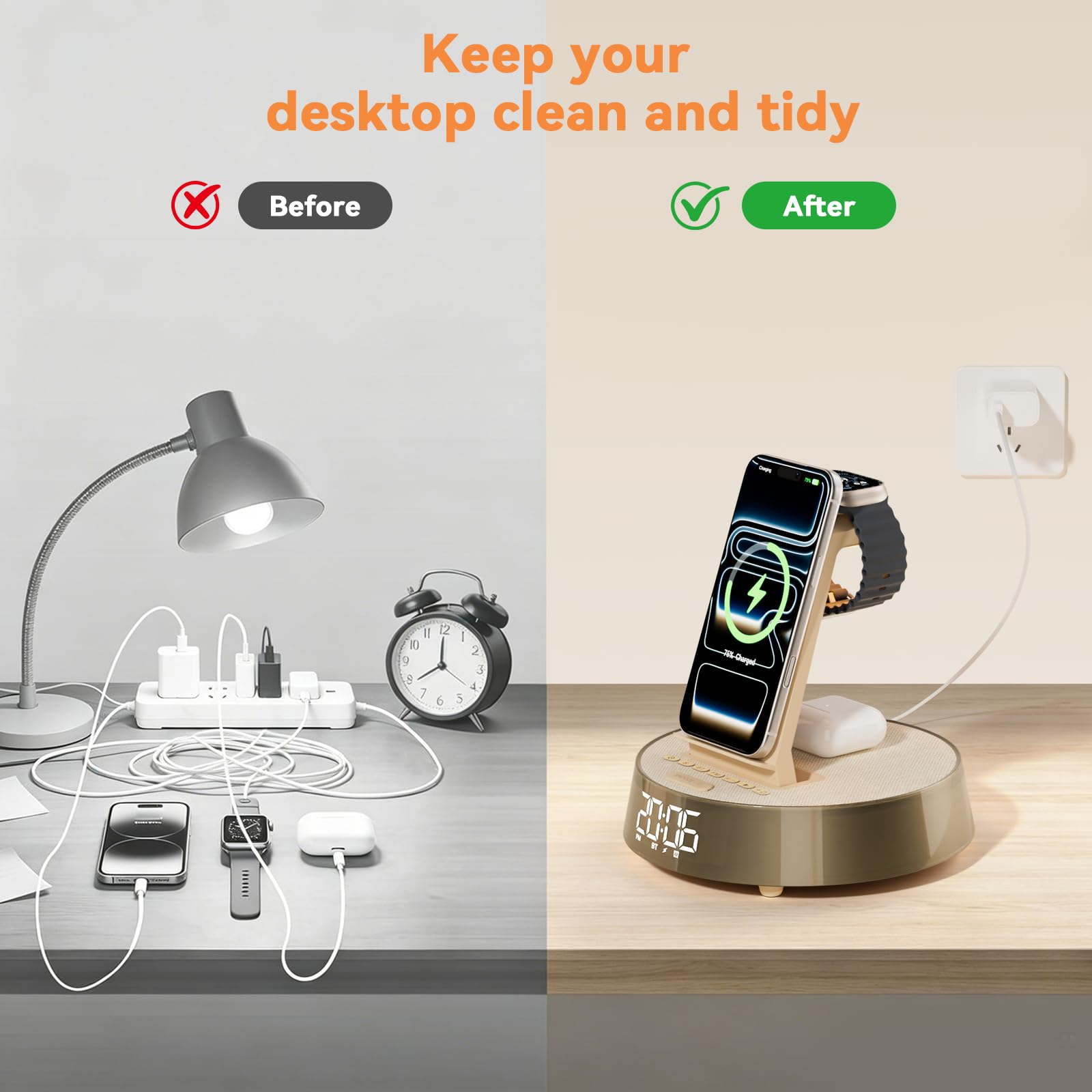 Wireless Charger für iPhone für Samsung, Radiowecker mit Bluetooth Lautsprecher Induktive Ladestation für Apple Watch, Kabelloses Ladegerät für AirPods mit Licht Nachtlampe